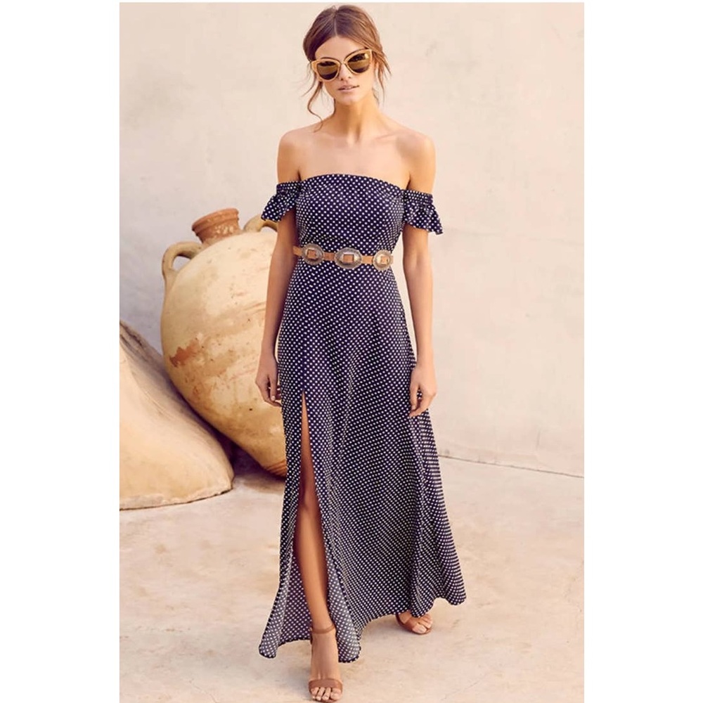 Lulu’s Dream Love Navy Blue Polka Dot Off-The-Shoulder Maxi Dress